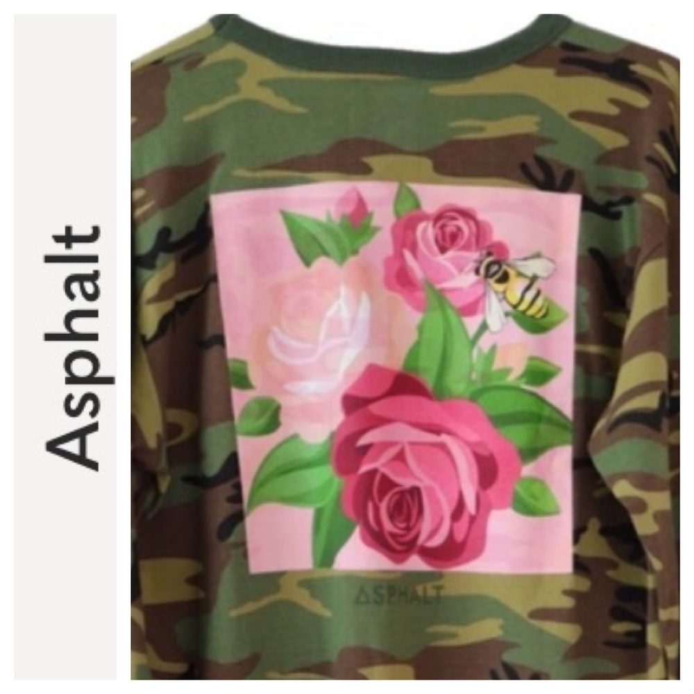 ➡️Asphalt Brand Long Sleeve w/Pink Rose & Honey Bee Crop top Size Small